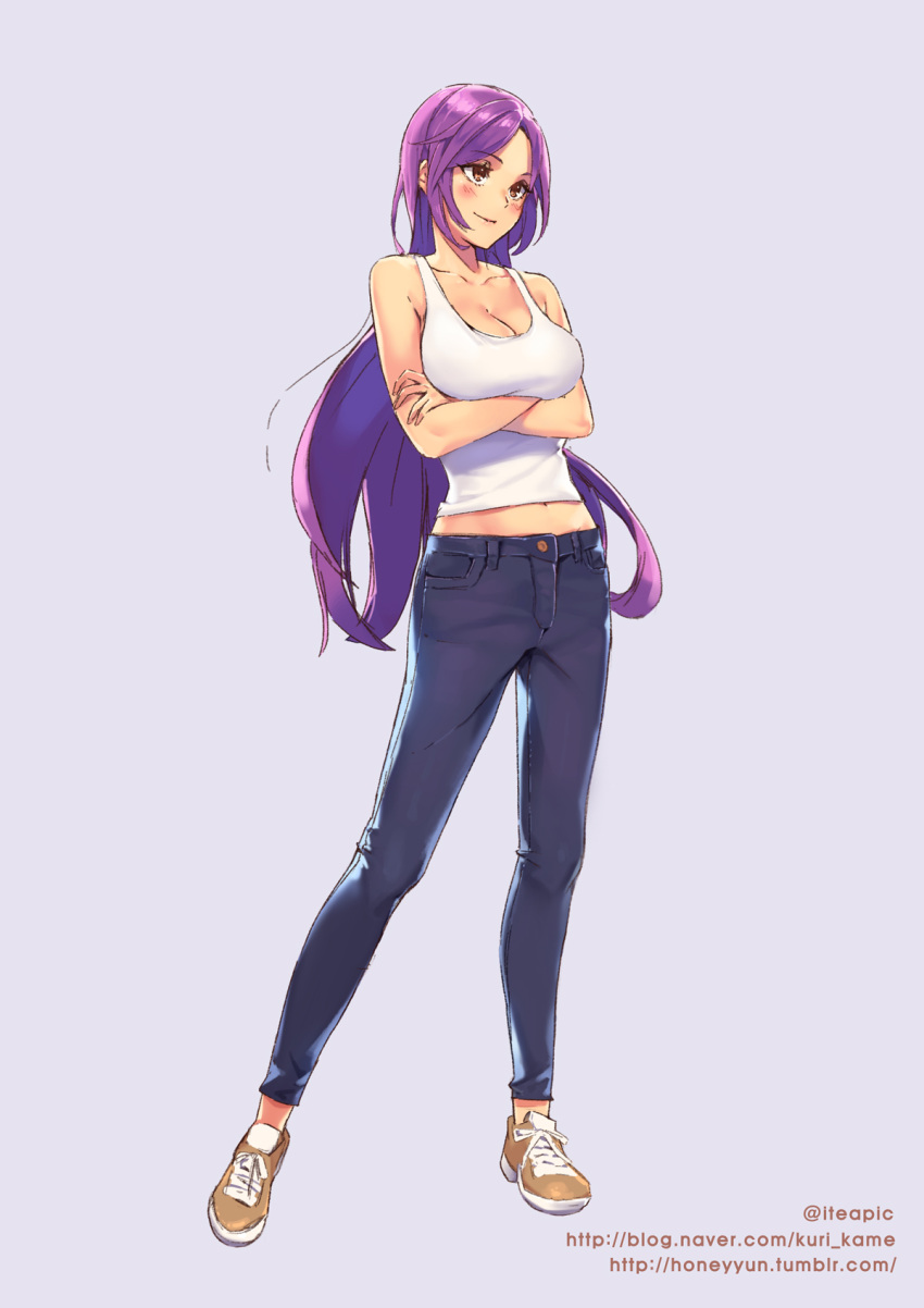 1girl blue_pants blush breast_hold breasts brown_eyes cleavage crossed_arms full_body highres honey_yun large_breasts long_hair looking_away midriff navel original pants purple_hair shirt shoes simple_background smile sneakers solo standing tank_top very_long_hair watermark web_address white_shirt