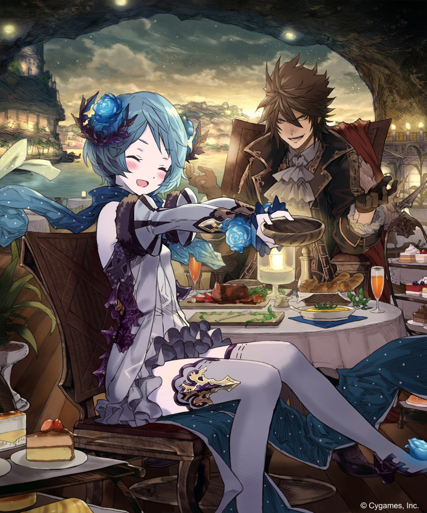 1boy 1girl :d blue_flower blue_hair blue_rose blue_scarf blush bread brown_eyes brown_gloves brown_hair cake champagne_flute closed_eyes cup detached_sleeves dress drinking_glass ezusuke flower food gloves grey_dress grey_legwear hair_between_eyes hair_flower hair_ornament highres open_mouth outstretched_arms pleated_dress rose scarf shingeki_no_bahamut short_dress short_hair sitting sleeveless sleeveless_dress smile spiky_hair sunset thigh-highs zettai_ryouiki