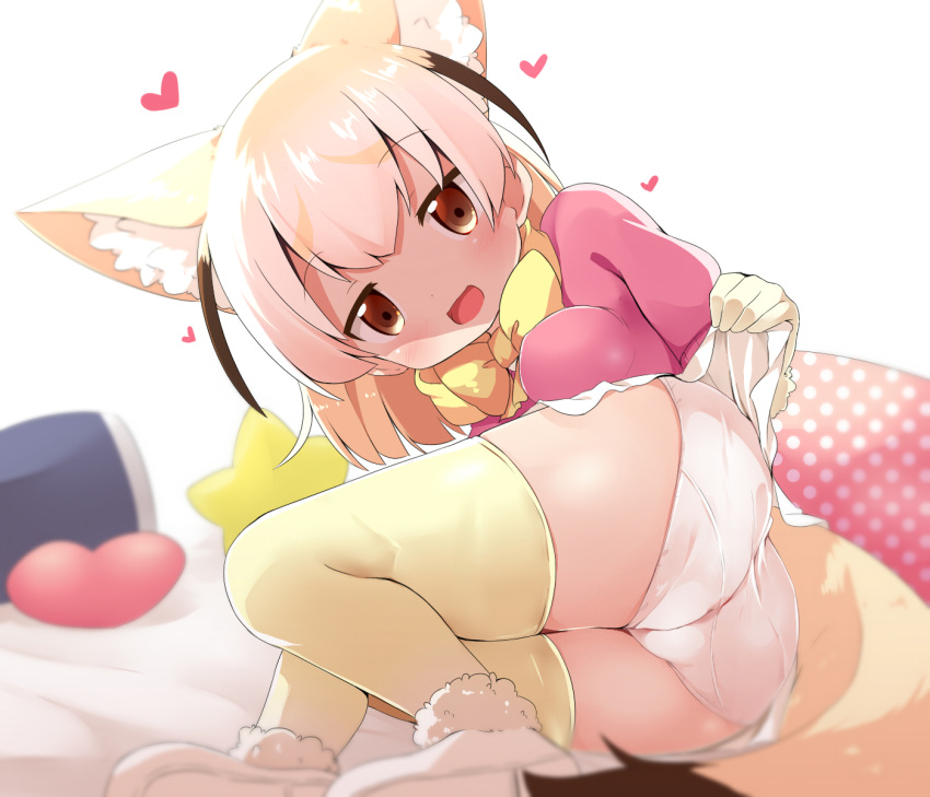 1girl :d animal_ears ass bed_sheet blonde_hair blush bow bowtie breasts brown_eyes commentary_request fennec_(kemono_friends) fox_ears fox_girl fox_tail fur_trim gloves head_tilt heart highres kemono_friends lifted_by_self looking_at_viewer lying makuran medium_breasts on_side open_mouth panties pillow pink_shirt pleated_skirt polka_dot puffy_short_sleeves puffy_sleeves shirt short_sleeves skirt skirt_lift smile solo star tail thigh-highs underwear white_background white_footwear white_panties white_skirt yellow_legwear yellow_neckwear