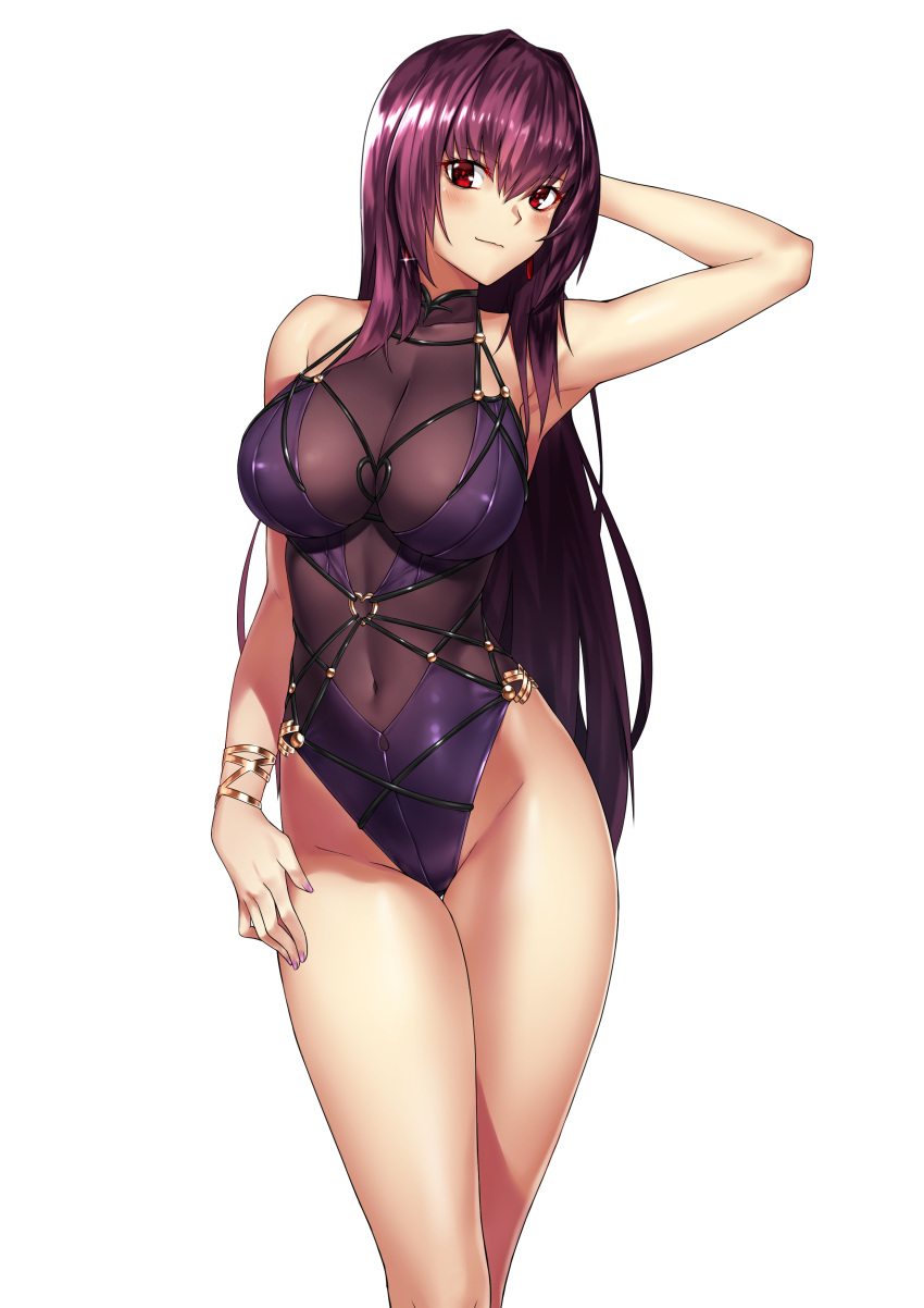 1girl absurdres arm_up blush bracelet breasts cleavage covered_navel earrings fate/grand_order fate_(series) highres jewelry kai_(pixiv12466647) long_hair looking_at_viewer nail_polish one-piece_swimsuit purple_hair red_eyes scathach_(fate)_(all) scathach_(fate/grand_order) smile swimsuit white_background