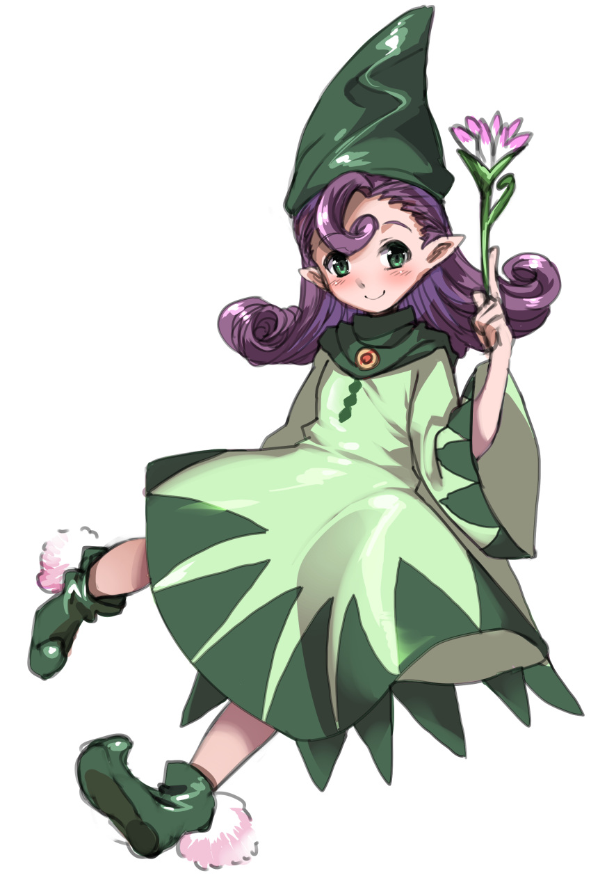 1girl absurdres bangs blush boots cape chrono_cross closed_mouth dress eyebrows_visible_through_hair flipped_hair flower full_body green_cape green_dress green_eyes green_footwear green_hat harigane_shinshi hat highres holding holding_flower long_hair long_sleeves looking_at_viewer pink_flower pointy_ears pointy_shoes purple_hair razzly shoes simple_background smile solo white_background white_flower wide_sleeves