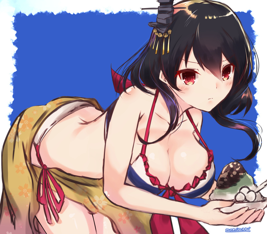 1girl alternate_costume bare_shoulders bikini black_hair blush breasts cleavage collarbone food hair_ornament highres holding holding_food kantai_collection large_breasts looking_at_viewer momiji_(103) red_eyes sarong shaved_ice short_hair simple_background solo swimsuit yamashiro_(kantai_collection)