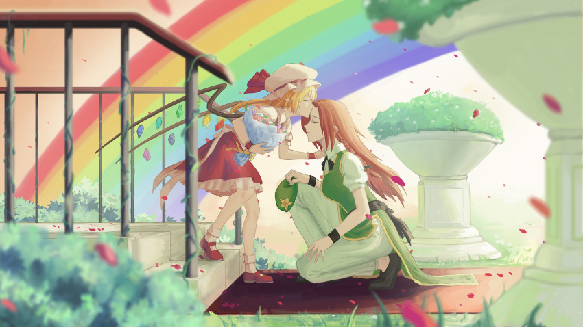 2girls ascot beret blonde_hair braid chinese_clothes closed_eyes crystal flandre_scarlet flower forehead_kiss hat hat_ribbon highres hong_meiling huanyu_(huanyu_) kiss long_hair mob_cap multiple_girls one_knee puffy_short_sleeves puffy_sleeves rainbow red_skirt redhead ribbon short_sleeves side_ponytail skirt skirt_set stairs touhou twin_braids wings wrist_cuffs yuri