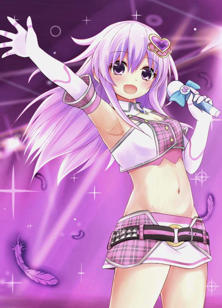 1girl :d bare_shoulders blush breasts checkered cleavage cleavage_cutout commentary_request cowboy_shot crop_top detached_sleeves ex_idol feathers gloves groin hair_between_eyes hair_ornament heart heart_hair_ornament highres holding holding_microphone idol long_hair looking_at_viewer microphone midriff navel nepgear neptune_(series) open_mouth outstretched_arm purple_background purple_hair revision small_breasts smile solo violet_eyes white_gloves