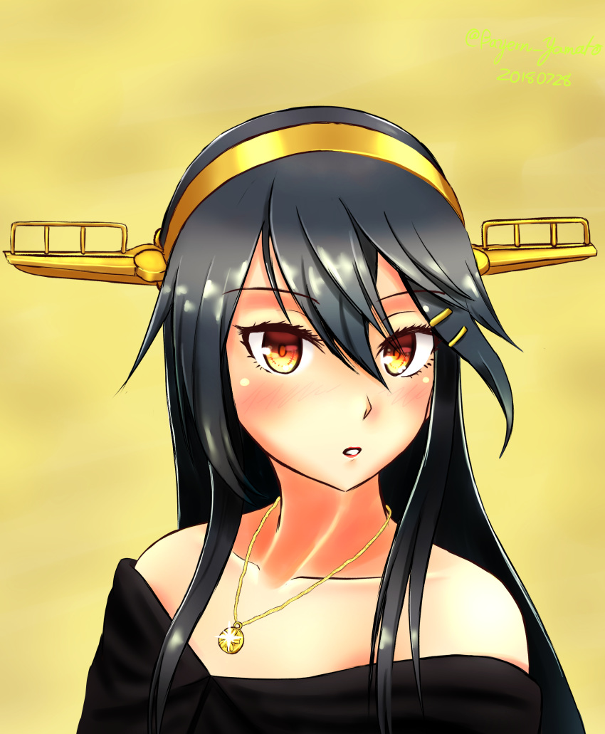 1girl :o absurdres bare_shoulders bayern_yamato black_dress black_hair blush brown_eyes collarbone commentary_request dress hair_ornament hairband hairclip haruna_(kantai_collection) highres jewelry kantai_collection long_hair looking_at_viewer necklace remodel_(kantai_collection) solo strapless strapless_dress