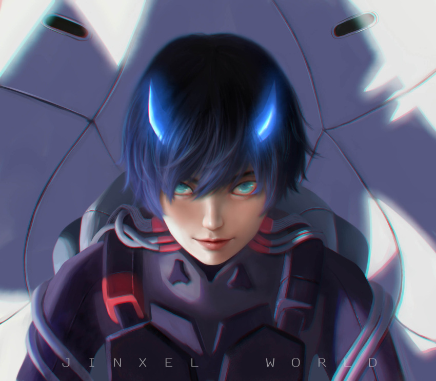 1boy artist_name bangs black_bodysuit black_hair blue_eyes blue_horns bodysuit commentary darling_in_the_franxx english_commentary highres hiro_(darling_in_the_franxx) horns jinxel_world looking_at_viewer male_focus oni_horns pilot_suit realistic short_hair solo tube