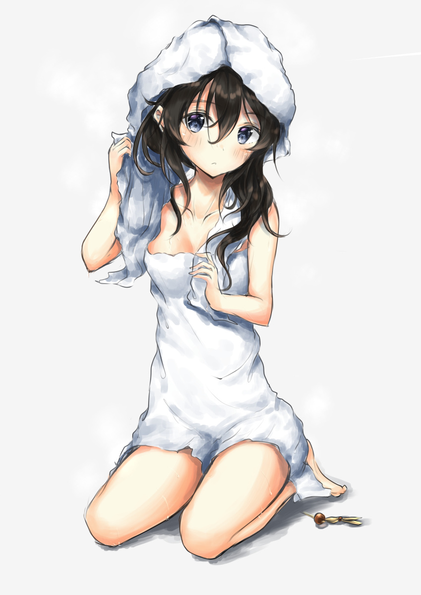 1girl absurdres bangs bare_arms bare_shoulders barefoot blush breasts brown_hair closed_mouth collarbone commentary_request eyebrows_visible_through_hair grey_background hair_between_eyes hair_ornament hair_ornament_removed hand_up head_tilt highres kantai_collection long_hair looking_at_viewer medium_breasts naked_towel seiza shigure_(kantai_collection) simple_background sitting solo thighs towel towel_on_head uzuki_tsukuyo violet_eyes