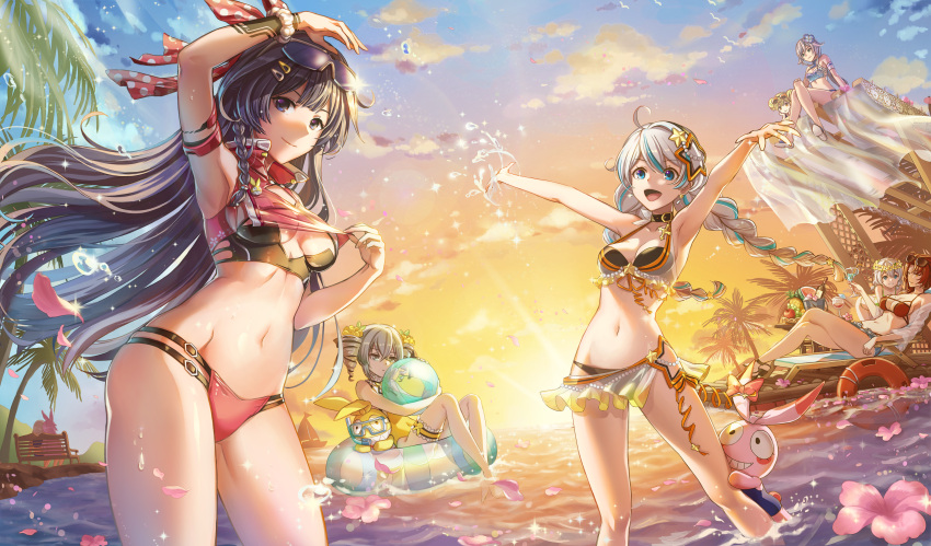 6+girls absurdres ahoge bangs benghuai_xueyuan bikini black_hair blonde_hair blue_eyes braid breasts bronya_zaychik character_request cleavage clouds double_bun eyewear_on_head flower hair_flower hair_ornament hairband highres honkai_impact horizon huge_filesize kallen_kaslana kiana_kaslana lifebuoy long_hair medium_breasts multicolored_hair multiple_girls murata_himeko myurumyuru navel ocean one-piece_swimsuit palm_tree petals pink_flower pink_hair raiden_mei red_bikini redhead sarong silver_hair sky small_breasts smile stuffed_toy sun sunglasses sunset swimsuit theresa_apocalypse tied_hair tree twin_braids two-tone_hair violet_eyes yae_sakura_(benghuai_xueyuan) yellow_swimsuit