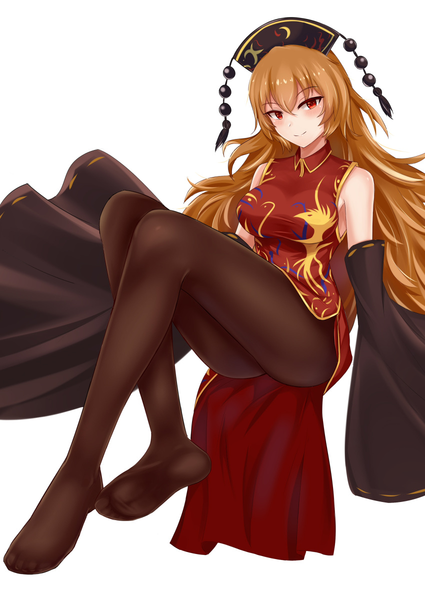 1girl absurdres adapted_costume ass bare_shoulders blonde_hair blush breasts brown_legwear china_dress chinese_clothes commentary_request detached_sleeves dress eyebrows_visible_through_hair full_body hair_between_eyes headdress highres invisible_chair junko_(touhou) knees_up large_breasts long_hair long_sleeves looking_at_viewer no_shoes pantyhose red_dress red_eyes revision ribbon-trimmed_sleeves ribbon_trim short_dress simple_background sitting sleeves_past_fingers sleeves_past_wrists smile solo tassel thighs touhou very_long_hair white_background wide_sleeves wing_collar wuwusan