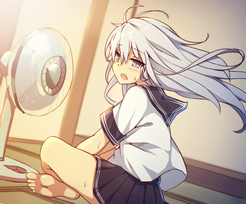 1girl :o bangs barefoot black_sailor_collar black_skirt blush commentary_request dutch_angle electric_fan eyebrows_visible_through_hair grey_eyes hair_between_eyes hibiki_(kantai_collection) highres indoors kantai_collection legs_crossed long_hair looking_at_viewer looking_to_the_side motion_blur open_mouth pleated_skirt sailor_collar shinopoko shirt short_sleeves silver_hair sitting skirt soles solo sweat verniy_(kantai_collection) very_long_hair white_shirt