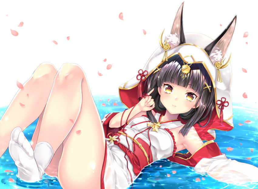 1girl animal_ears armpits ass azur_lane black_hair brown_eyes detached_sleeves fox_ears highres hood japanese_clothes knees_up legs legs_up long_hair lying nagato_(azur_lane) on_back oz_snowrose partially_submerged pinky_out red_string smile socks solo string water wet wet_clothes