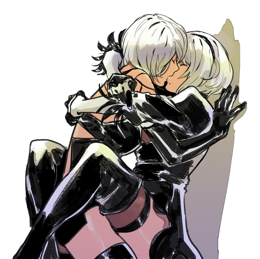 2girls absurdres against_wall black_clothes black_dress black_gloves boots dress feather-trimmed_sleeves gloves hairband highres hug kiss kohiu leg_wrap mole mole_under_mouth multiple_girls nier_(series) nier_automata short_hair short_shorts shorts silver_hair thghhighs thigh-highs thigh_boots yorha_no._2_type_b yorha_type_a_no._2 yuri