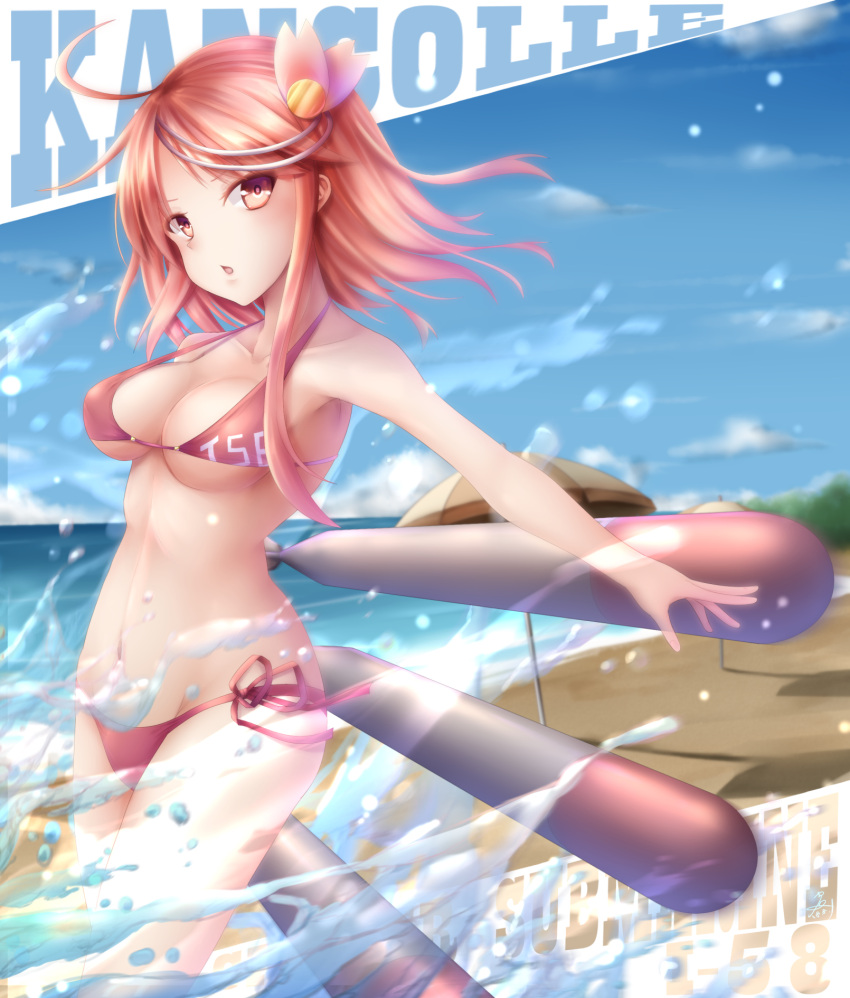 1girl ahoge alternate_costume bangs beach bikini blue_sky breasts cleavage clothes_writing commentary_request day hair_ornament highres i-58_(kantai_collection) kantai_collection looking_at_viewer navel ocean open_mouth pink_hair red_eyes seiya_(iiseven) short_hair side-tie_bikini sky solo swimsuit torpedo umbrella