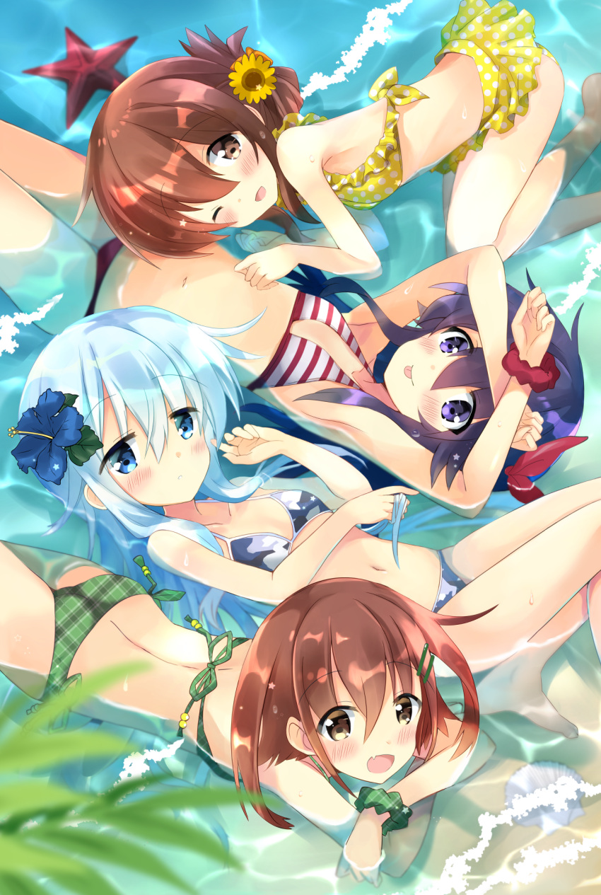 4girls :d :p ;d akatsuki_(kantai_collection) ass bangs bikini black_hair blue_bikini blue_eyes blue_flower blue_hair blurry blurry_foreground blush breasts brown_eyes brown_hair camouflage camouflage_bikini closed_mouth commentary_request cowboy_shot day depth_of_field eyebrows_visible_through_hair fang flower folded_ponytail green_bikini green_scrunchie hair_between_eyes hair_flower hair_ornament hairclip hibiki_(kantai_collection) highres hizuki_yayoi ikazuchi_(kantai_collection) inazuma_(kantai_collection) kantai_collection long_hair looking_at_viewer lying mismatched_bikini multiple_girls navel on_back on_side on_stomach one_eye_closed open_mouth outdoors partially_submerged plaid plaid_bikini plaid_scrunchie polka_dot polka_dot_bikini purple_hair red_bikini_bottom red_scrunchie scrunchie seashell shallow_water shell short_hair side-tie_bikini silver_hair small_breasts smile starfish striped striped_bikini_top swimsuit tongue tongue_out very_long_hair violet_eyes water wrist_scrunchie yellow_bikini yellow_flower