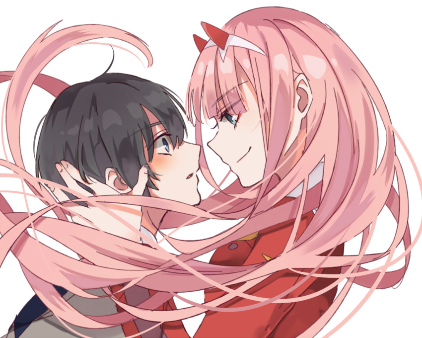 1boy 1girl bangs black_hair blue_eyes blush breasts commentary_request couple darling_in_the_franxx eyebrows_visible_through_hair eyes_visible_through_hair face-to-face facing_another floating_hair green_eyes hair_ornament hairband hand_on_another's_face hetero hiro_(darling_in_the_franxx) horns long_hair long_sleeves looking_at_another medium_breasts mekune military military_uniform oni_horns pink_hair red_horns short_hair uniform white_hairband zero_two_(darling_in_the_franxx)
