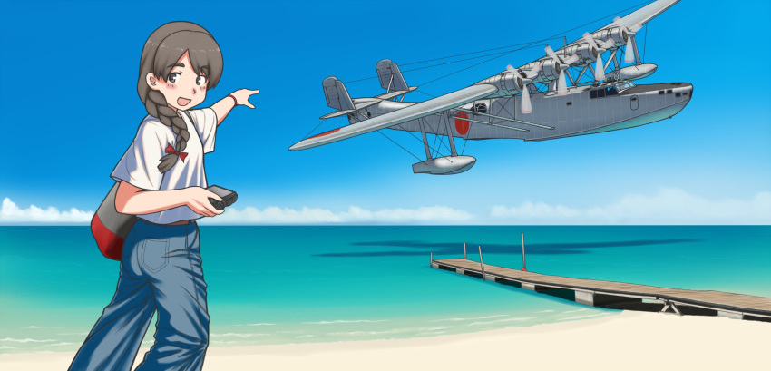 1girl aircraft airplane bag blue_sky braid brown_eyes brown_hair camera clouds day denim dock feet_out_of_frame flying_boat h6k highres horizon jeans kantai_collection long_hair open_mouth outdoors pants pointing porusasu shadow shirt single_braid sky solo thick_eyebrows uranami_(kantai_collection) white_shirt