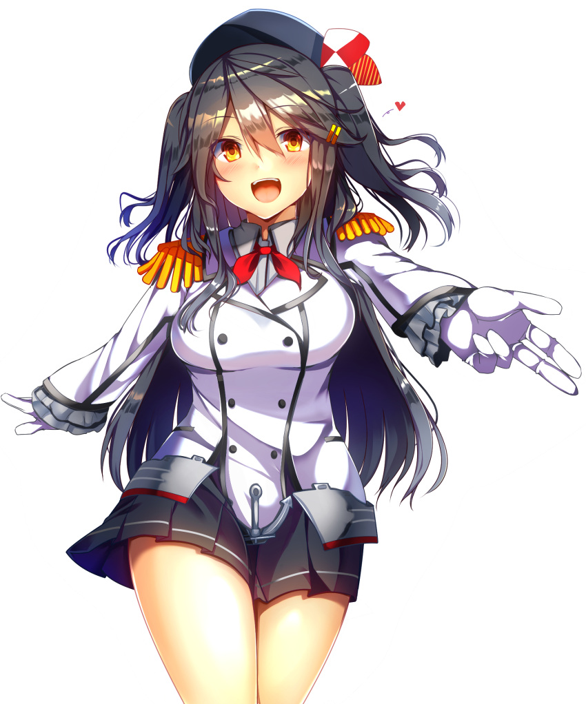 1girl alternate_costume alternate_hairstyle black_hair black_miniskirt breasts brown_eyes buttons cosplay cowboy_shot epaulettes eyebrows_visible_through_hair frilled_sleeves frills gloves hair_between_eyes hair_ornament hairclip haruna_(kantai_collection) highres jacket kantai_collection kashima_(kantai_collection) kashima_(kantai_collection)_(cosplay) kerchief large_breasts long_hair long_sleeves military military_jacket military_uniform miniskirt neckerchief open_mouth pleated_skirt red_neckwear sidelocks skirt thighs tsukui_kachou twintails uniform walking wavy_hair white_gloves white_jacket