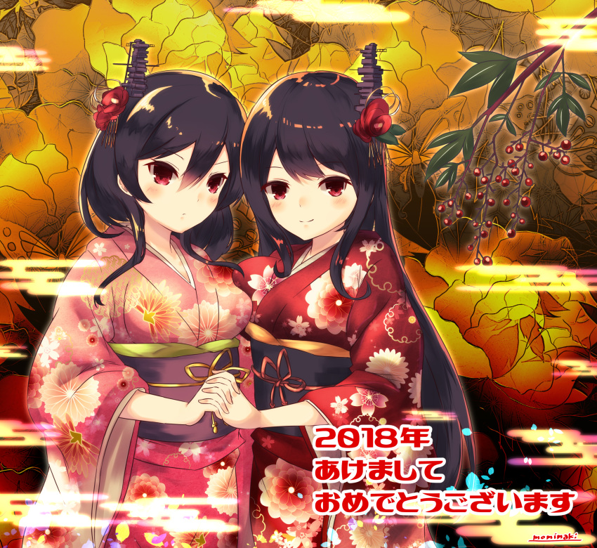 1girl 2018 alternate_costume black_hair blush branch commentary_request floral_print flower fusou_(kantai_collection) hair_flower hair_ornament hand_holding highres japanese_clothes kantai_collection kimono light_smile long_hair momiji_(103) red_eyes short_hair signature solo translated yamashiro_(kantai_collection)