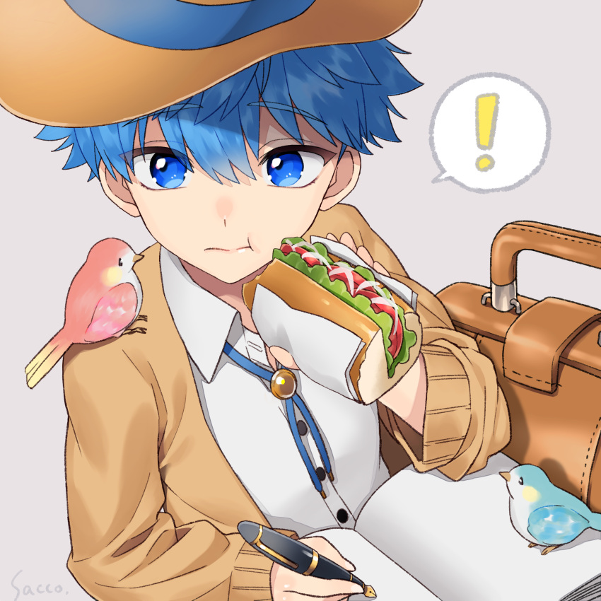 ! 1boy animal animal_on_shoulder bird_on_shoulder blazer blue_eyes blue_hair book buttons eating eyebrows_visible_through_hair fate/grand_order fate_(series) food hans_christian_andersen_(fate) hat highres holding holding_food holding_pen jacket long_sleeves looking_to_the_side open_blazer open_book open_clothes open_jacket pen shirt simple_background white_shirt xacco yakisobapan