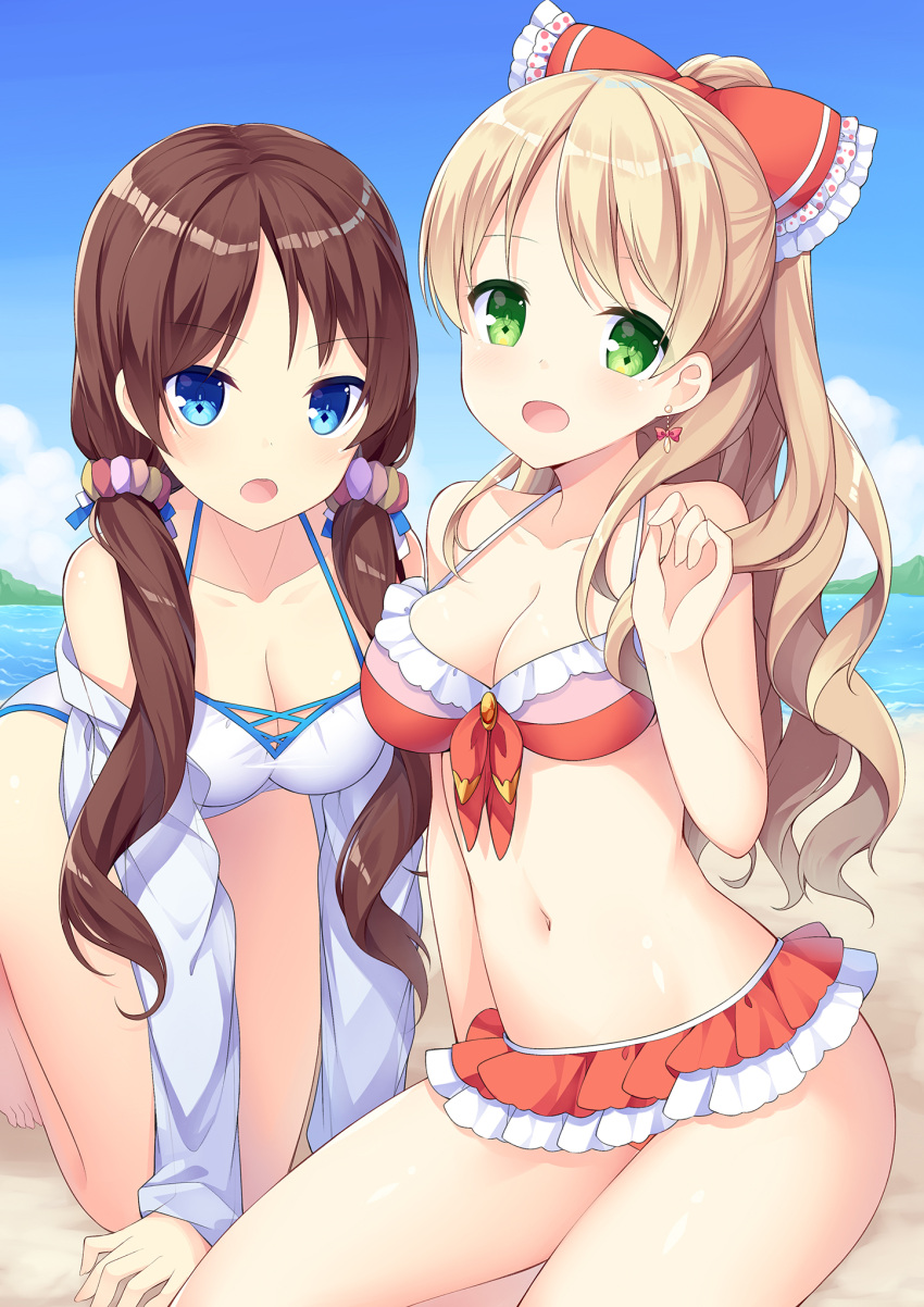2girls :d :o all_fours amemiya_ruki bangs bare_arms bare_shoulders beach bikini blonde_hair blue_eyes blue_sky blush bow breasts brown_hair casual_one-piece_swimsuit cleavage clouds collarbone commentary_request day earrings eyebrows_visible_through_hair green_eyes hair_bow high_ponytail highres jacket jewelry long_hair looking_at_viewer low_twintails medium_breasts multiple_girls navel ocean off_shoulder one-piece_swimsuit open_clothes open_jacket open_mouth original outdoors ponytail red_bikini red_bow sand sidelocks sitting sky smile swimsuit twintails very_long_hair water white_jacket white_swimsuit