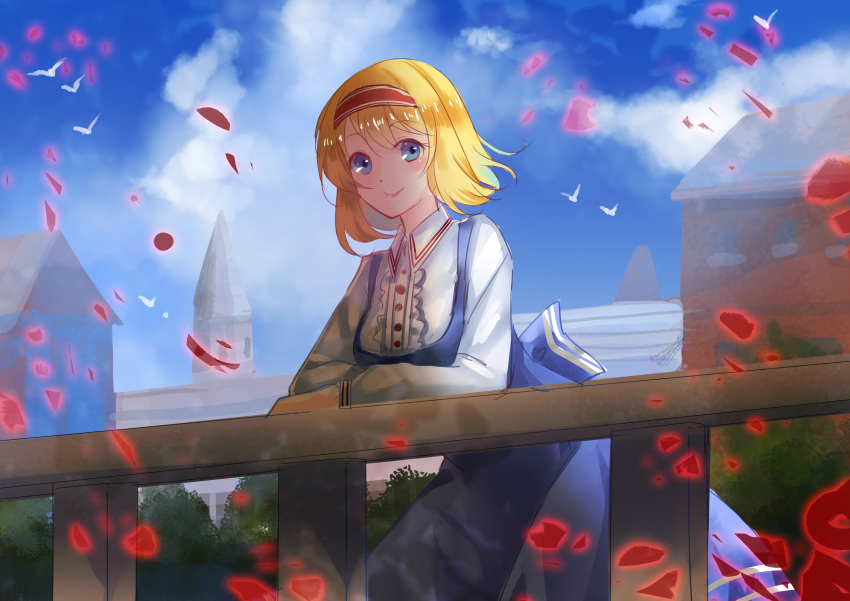 1girl absurdres alice_margatroid back_bow bird blonde_hair blue_bow blue_dress blue_eyes blue_sky blush bow clouds day dress dress_shirt floating_hair hairband highres leaning_forward long_dress looking_at_viewer outdoors petals pinafore_dress red_hairband shiny shiny_hair shirt short_hair sky smile solo touhou vetina white_shirt