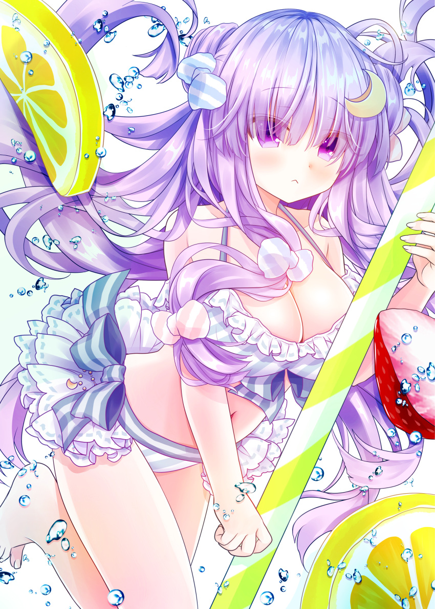 1girl absurdres blush bow braid breasts bubble cleavage commentary_request crescent crescent_hair_ornament eyebrows_visible_through_hair food fruit hair_bow hair_ornament hair_over_eyes highres large_breasts lemon lemon_slice long_hair looking_at_viewer no_hat no_headwear patchouli_knowledge purple_hair shiromomo straw strawberry swimsuit touhou twin_braids very_long_hair violet_eyes