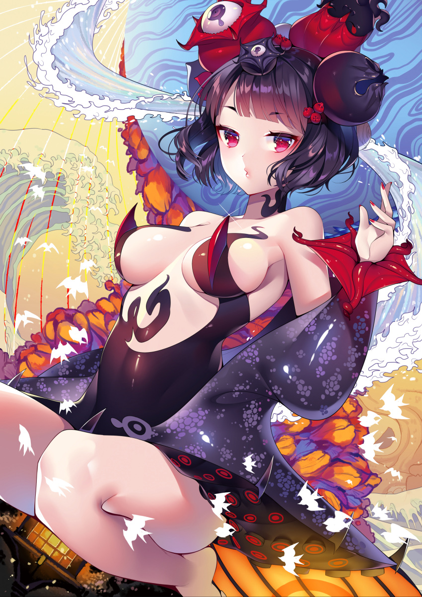 1girl absurdres bare_legs black_bodysuit black_hair black_kimono bodysuit bow breasts fate/grand_order fate_(series) fine_art_parody flower hair_flower hair_ornament hairpin highres ink japanese_clothes jitome katsushika_hokusai_(fate/grand_order) kimono looking_at_viewer may_(2747513627) medium_breasts nihonga orange_bow paintbrush parody pouty_lips revealing_clothes short_hair sideboob skin_tight waves