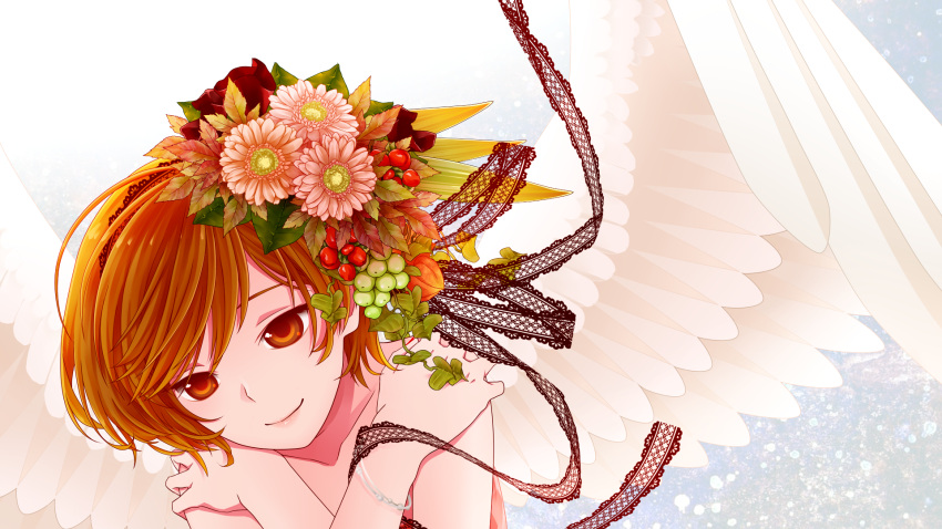1girl angel_wings bare_shoulders bracelet brown_eyes brown_hair close-up face flower flower_request gradient gradient_background grey_background hair_flower hair_ornament highres jewelry jirou_(asami0512jump) looking_down meiko pink_flower short_hair simple_background smile solo_focus upper_body vocaloid white_background wings