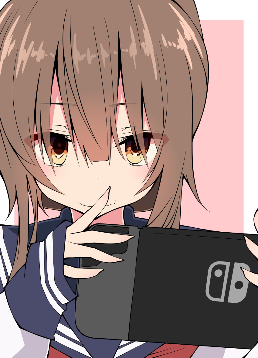 1girl absurdres brown_eyes brown_hair commentary_request hair_between_eyes handheld_game_console highres inazuma_(kantai_collection) kantai_collection long_sleeves looking_at_viewer nintendo_switch pov sakakiba_misogi school_uniform serafuku solo