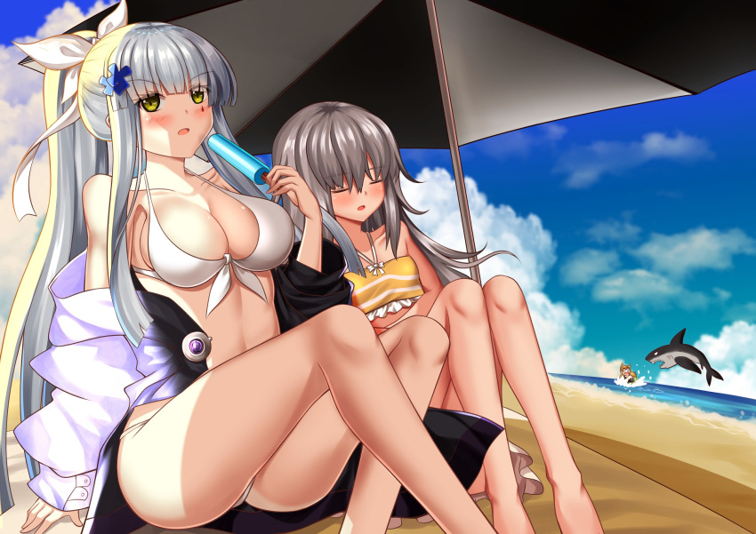 3girls alternate_costume arm_support ass bangs barefoot beach bikini blunt_bangs blush breasts cleavage closed_eyes day eyebrows_visible_through_hair facial_mark food g11_(girls_frontline) girls_frontline green_eyes hair_between_eyes hair_ornament head_tilt highres hk416_(girls_frontline) idw_(girls_frontline) jacket long_hair looking_at_viewer medium_breasts multiple_girls ocean open_clothes open_jacket open_mouth outdoors popsicle sand shade silver_hair sitting sleeping small_breasts surprised swimsuit thighs very_long_hair yan_lie