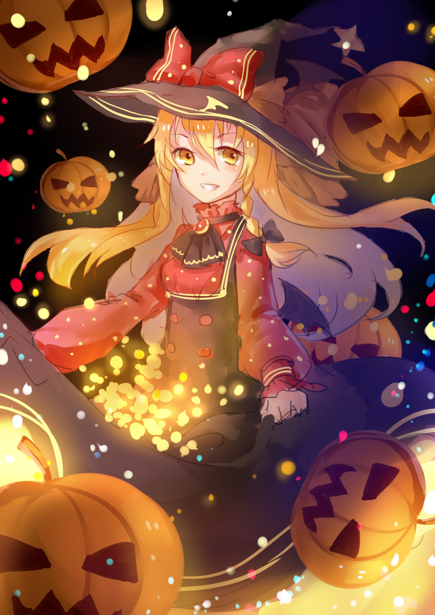 1girl absurdres black_hat black_skirt blonde_hair bow floating_hair grin hair_between_eyes hat hat_bow high-waist_skirt highres kirisame_marisa long_hair long_skirt looking_at_viewer pumpkin red_bow red_shirt shirt sketch skirt skirt_hold smile solo standing touhou very_long_hair vetina witch_hat yellow_eyes