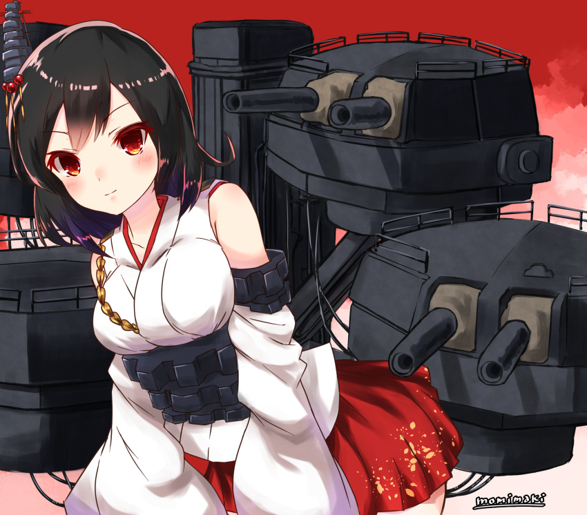 1girl artist_name black_hair blush breasts cannon detached_sleeves hair_ornament highres kantai_collection large_breasts leaning_forward light_smile looking_at_viewer miniskirt momiji_(103) nontraditional_miko red_eyes red_skirt rigging short_hair skirt solo turret yamashiro_(kantai_collection)