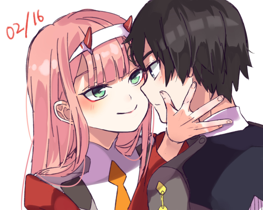 1boy 1girl bangs black_hair character_name commentary_request couple darling_in_the_franxx face-to-face facing_another forehead-to-forehead green_eyes hair_ornament hairband hand_on_another's_face hetero highres hiro_(darling_in_the_franxx) horns long_hair long_sleeves looking_at_another mekune military military_uniform necktie oni_horns orange_neckwear pink_hair red_horns short_hair uniform white_hairband zero_two_(darling_in_the_franxx)