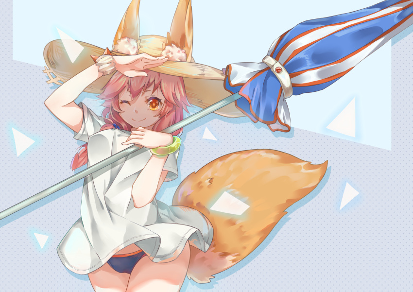 1girl absurdres animal_ears bikini blue_bikini breasts ears_through_headwear fate/grand_order fate_(series) fox_ears fox_tail highres holding large_breasts long_hair looking_at_viewer one_eye_closed parasol pink_hair shirt solo suo_niao swimsuit t-shirt tail tamamo_(fate)_(all) tamamo_no_mae_(swimsuit_lancer)_(fate) umbrella yellow_eyes