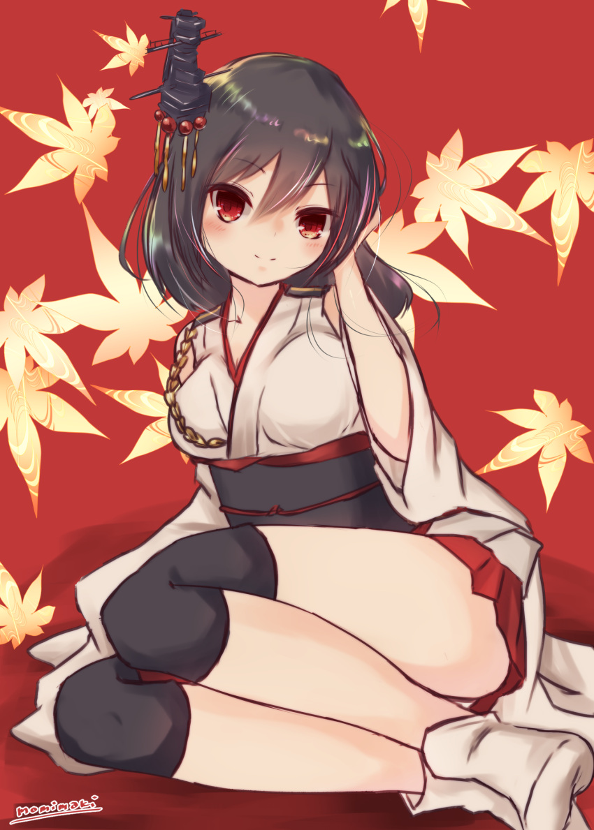 1girl black_hair blush breasts detached_sleeves hair_between_eyes hair_ornament hand_in_hair head_tilt highres kantai_collection knee_pads leaf leaf_background light_smile looking_at_viewer maple_leaf medium_breasts momiji_(103) nontraditional_miko red_eyes red_skirt short_hair skirt socks solo tassel yamashiro_(kantai_collection)