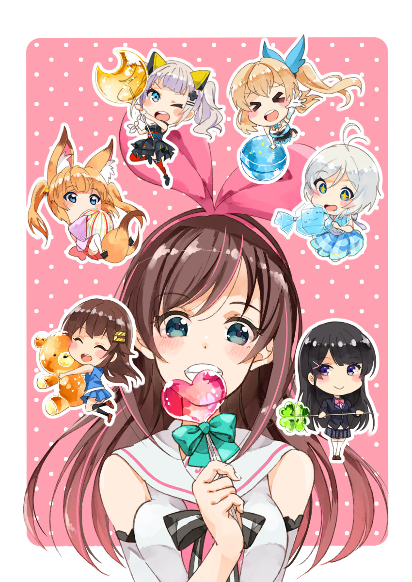 &gt;_&lt; 6+girls :d a.i._channel absurdres ahoge animal_ears black_hair blazer blue_eyes blush brown_hair candy chibi clover crescent_moon dennou_shoujo_youtuber_shiro detached_sleeves dress elbow_gloves food fox_ears fox_tail gloves grin hair_ornament hairclip heart highres hug jacket japanese_clothes kaguya_luna kaguya_luna_(character) kemomimi_oukoku_kokuei_housou kizuna_ai lollipop long_hair looking_at_viewer mikoko_(kemomimi_oukoku_kokuei_housou) mirai_akari mirai_akari_project moon multiple_girls nijisanji one_eye_closed open_mouth orange_hair pleated_skirt polka_dot polka_dot_background school_uniform shiro_(dennou_shoujo_youtuber_shiro) short_hair side_ponytail silver_hair skirt sleeveless sleeveless_dress smile sparkling_eyes stuffed_animal stuffed_toy tagme tail teddy_bear thigh-highs tokino_sora tokino_sora_channel tsukino_mito twintails uminekoritorubasuta-zu violet_eyes virtual_youtuber white_hair xd zettai_ryouiki