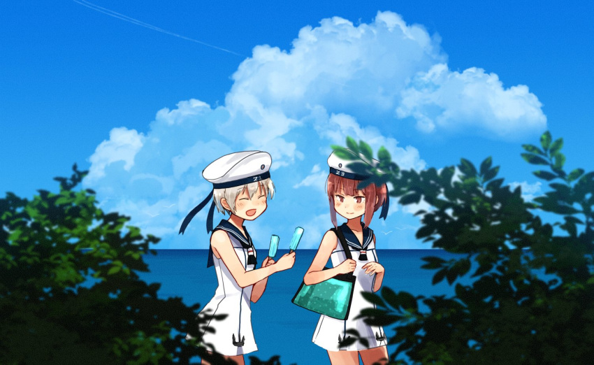 2girls ^_^ ^o^ annin_musou blonde_hair blue_sailor_collar blue_sky blush brown_eyes brown_hair closed_eyes closed_eyes clothes_writing clouds commentary_request day eyebrows_visible_through_hair food hat holding holding_food kantai_collection multiple_girls ocean open_mouth popsicle sailor_collar sailor_hat short_hair sky sleeveless smile white_hat z1_leberecht_maass_(kantai_collection) z3_max_schultz_(kantai_collection)