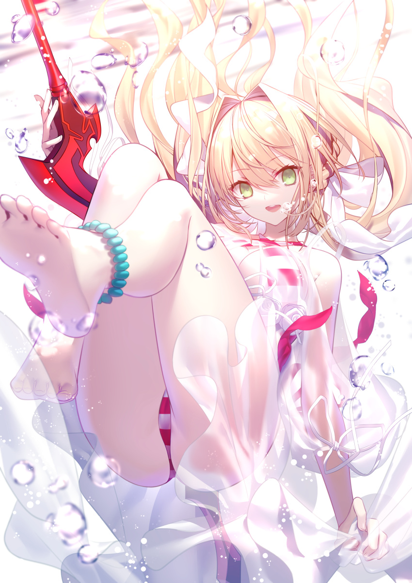 14ao 1girl ahoge air_bubble barefoot bikini blonde_hair bubble cute fate/extra fate/grand_order fate_(series) green_eyes hair_ribbon jewerly long_hair nero_claudius_(fate)_(all) nero_claudius_(swimsuit_caster)_(fate) open_mouth petals ribbon saber_extra solo striped_bikini swimsuit tagme twintails underwater upper_teeth weapon