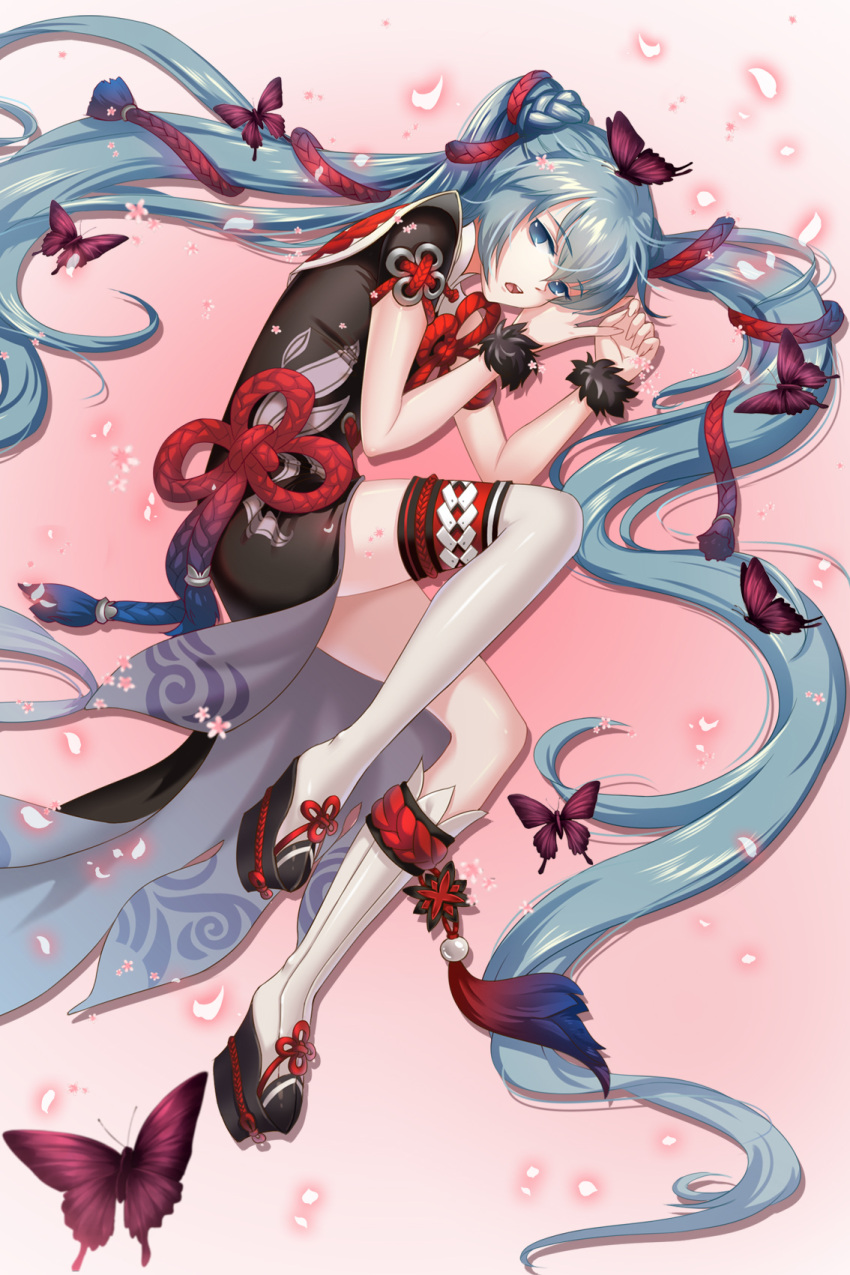 1girl absurdly_long_hair black_dress blue_eyes blue_hair bug butterfly dress fetal_position from_above full_body grey_legwear guozi_li hair_between_eyes hatsune_miku highres insect long_hair looking_at_viewer lying on_side open_mouth shiny shiny_hair short_sleeves solo thigh-highs twintails very_long_hair vocaloid wrist_cuffs