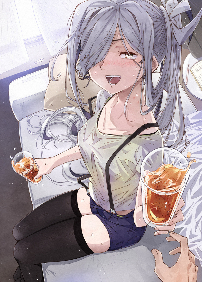 1girl absurdres asashimo_(kantai_collection) bed black_legwear blush casual commentary_request cup hair_over_one_eye highres holding holding_cup indoors kanmiya_shinobu kantai_collection long_hair looking_at_viewer open_mouth ponytail pov pov_hands shirt short_shorts short_sleeves shorts smile suspenders sweat thigh-highs yellow_eyes