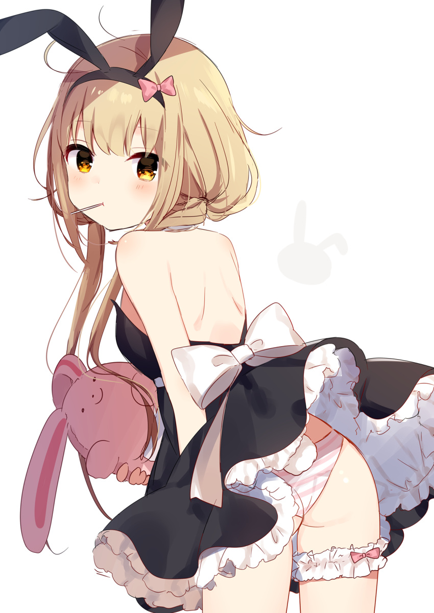 1girl animal_ears ass backless_dress backless_outfit bangs bare_arms bare_shoulders black_dress black_hairband blonde_hair bow brown_eyes bunny_girl bunny_tail closed_mouth commentary_request cowboy_shot dress eyebrows_visible_through_hair futaba_anzu hair_bow hairband highres holding holding_stuffed_animal idolmaster idolmaster_cinderella_girls leaning_forward leg_garter long_hair low_twintails mafuyu_(chibi21) mouth_hold panties pink_bow rabbit_ears simple_background solo strapless strapless_dress striped striped_panties stuffed_animal stuffed_bunny stuffed_toy tail twintails underwear very_long_hair white_background