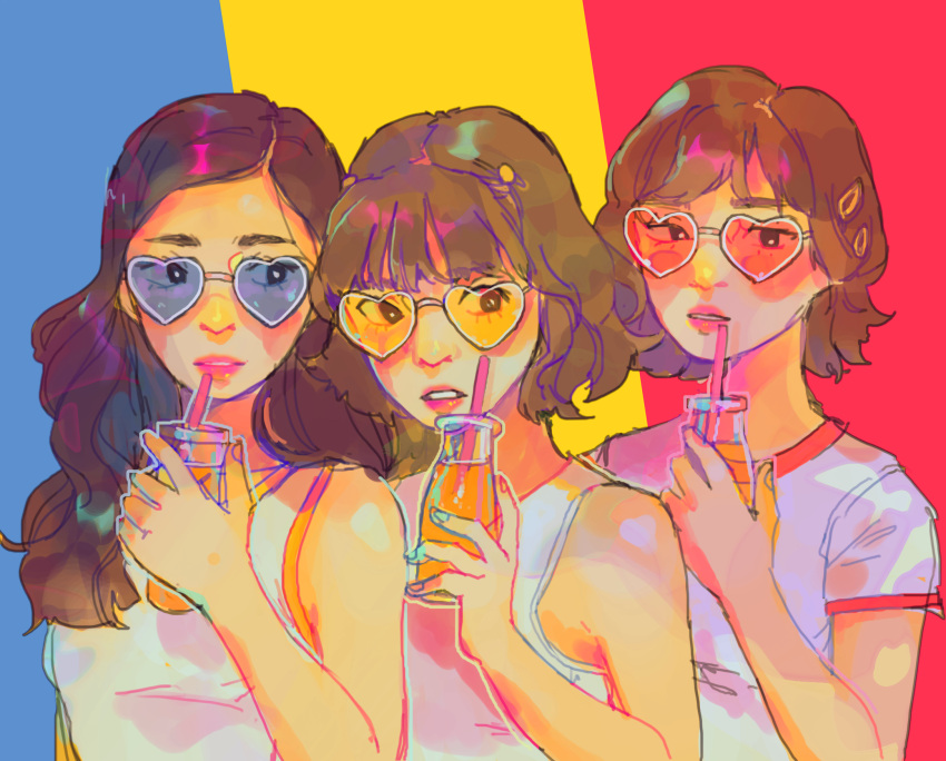 3girls bangs brown_hair drink drinking_straw glasses hair_ornament heart heart-shaped_eyewear highres holding_drink jungyeon_(twice) long_hair momo_(twice) multiple_girls parted_lips routexx shirt short_hair short_sleeves sleeveless sunglasses twice_(group) tzuyu_(twice) upper_body white_shirt