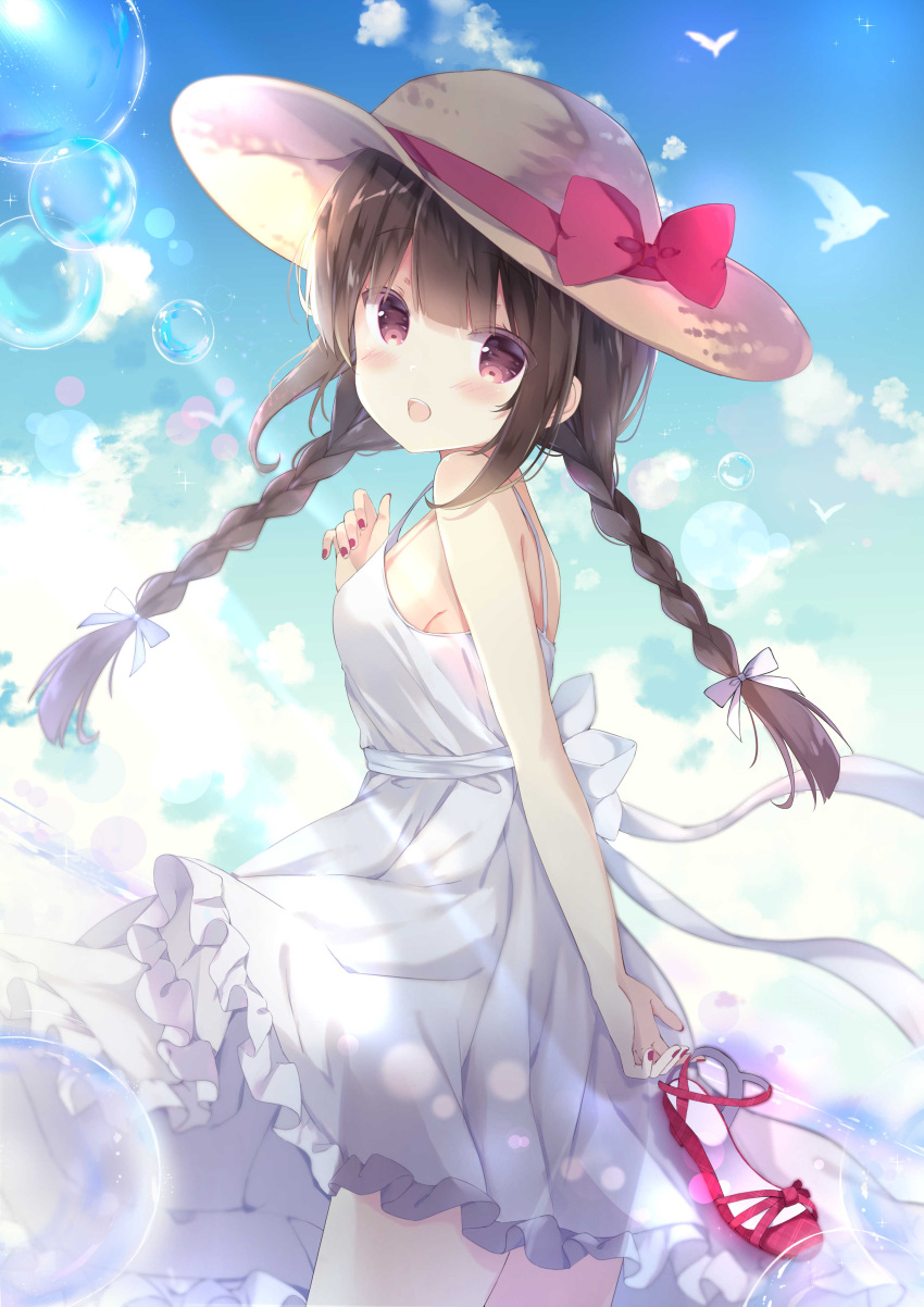 1girl :d absurdres bangs bare_arms bare_shoulders bird blue_sky blush bow braid breasts brown_eyes brown_hair brown_hat bubble clouds commentary_request day dress eyebrows_visible_through_hair fingernails hair_between_eyes hair_bow hat hat_bow head_tilt highres holding holding_shoes long_hair looking_at_viewer looking_to_the_side low_twintails nail_polish open_mouth original outdoors plaid_footwear red_bow red_footwear red_nails saeki_sora shoes shoes_removed sky sleeveless sleeveless_dress small_breasts smile solo sun_hat twin_braids twintails upper_teeth very_long_hair white_bow white_dress