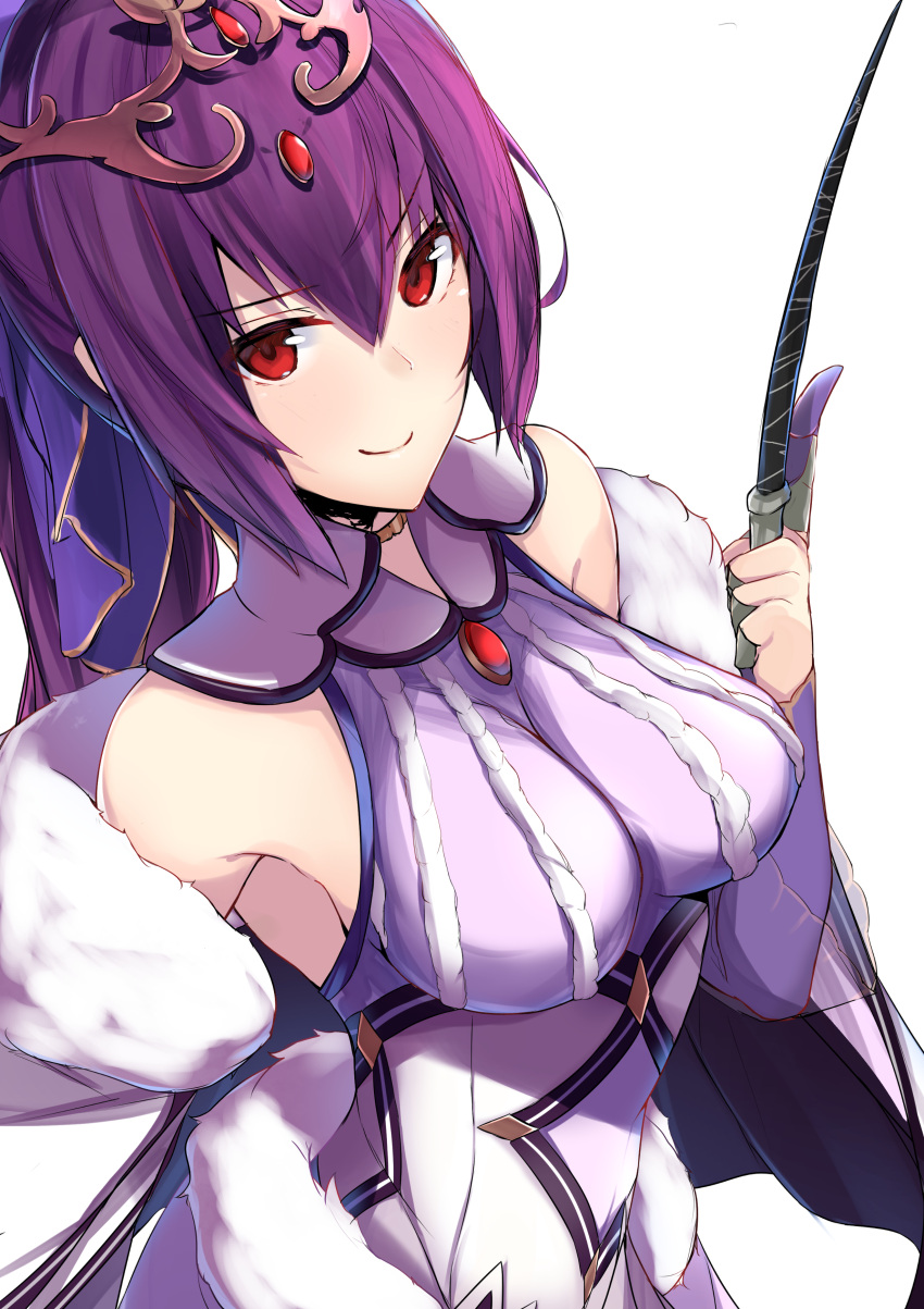 1girl absurdres bangs bare_shoulders breasts brooch closed_mouth commentary_request dress fate/grand_order fate_(series) fur_trim hair_between_eyes hair_ribbon highres index_finger_raised jewelry large_breasts long_hair looking_at_viewer nanakaku ponytail purple_dress purple_hair purple_ribbon red_eyes ribbon scathach_(fate)_(all) scathach_skadi_(fate/grand_order) simple_background smile solo tiara wand white_background