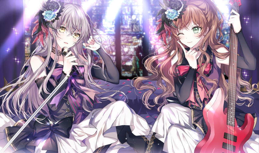 2girls ;) bang_dream! bangs bass_guitar black_choker black_flower black_rose blue_flower blue_rose brown_hair choker commentary_request detached_sleeves dress earrings feathers flower green_eyes grey_hair hair_feathers hair_flower hair_ornament holding holding_instrument holding_microphone imai_lisa index_finger_raised instrument jewelry lace lace_choker long_hair looking_at_viewer microphone microphone_stand minato_yukina multiple_girls neck_ribbon nennen one_eye_closed purple_neckwear red_neckwear ribbon rose smile sparkle yellow_eyes