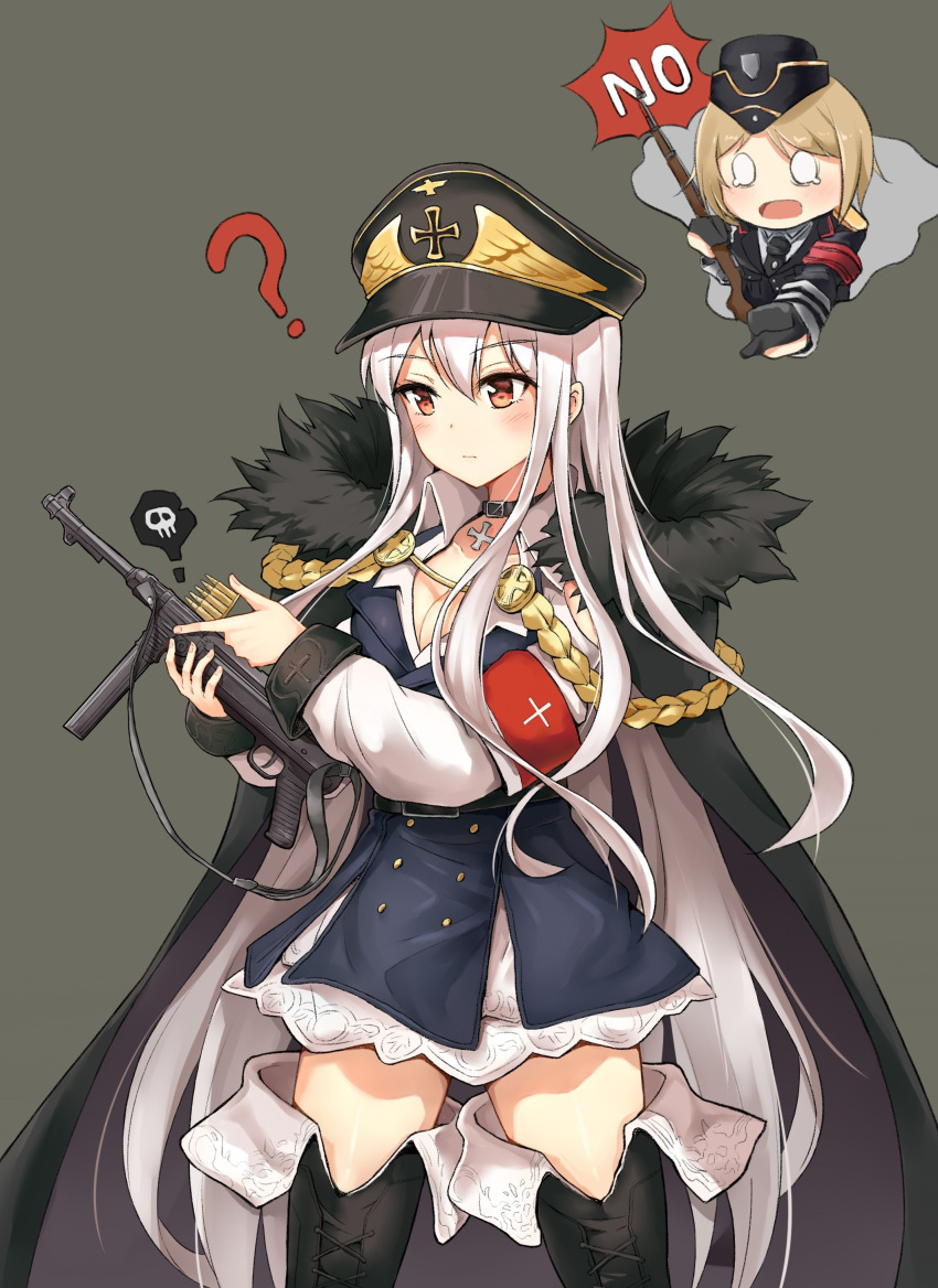 2girls absurdly_long_hair absurdres armband belt black_footwear black_hat black_neckwear blush boots breasts brown_eyes brown_hair bullet chibi chibi_inset choker cleavage closed_mouth english eyebrows_visible_through_hair girls_frontline gun hat highres holding holding_gun holding_weapon iron_cross kar98k_(girls_frontline) large_breasts long_hair long_sleeves looking_at_another looking_away mp40_(girls_frontline) multiple_girls necktie open_mouth short_hair speech_bubble thigh-highs thigh_boots unicron_(brous) very_long_hair weapon white_hair