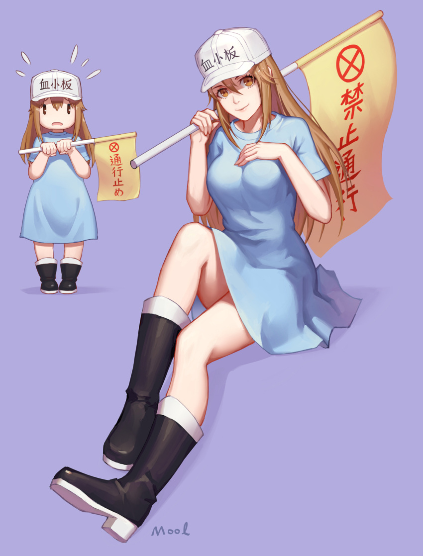 bangs blue_dress blue_shirt boots breasts brown_eyes brown_hair chinese_commentary commentary_request dress flag flat_cap flying_sweatdrops hair_between_eyes hand_on_own_chest hat hataraku_saibou headwear_writing highres holding holding_flag long_hair looking_at_viewer medium_breasts mool_yueguang older platelet_(hataraku_saibou) purple_background shirt simple_background smile white_hat |_|