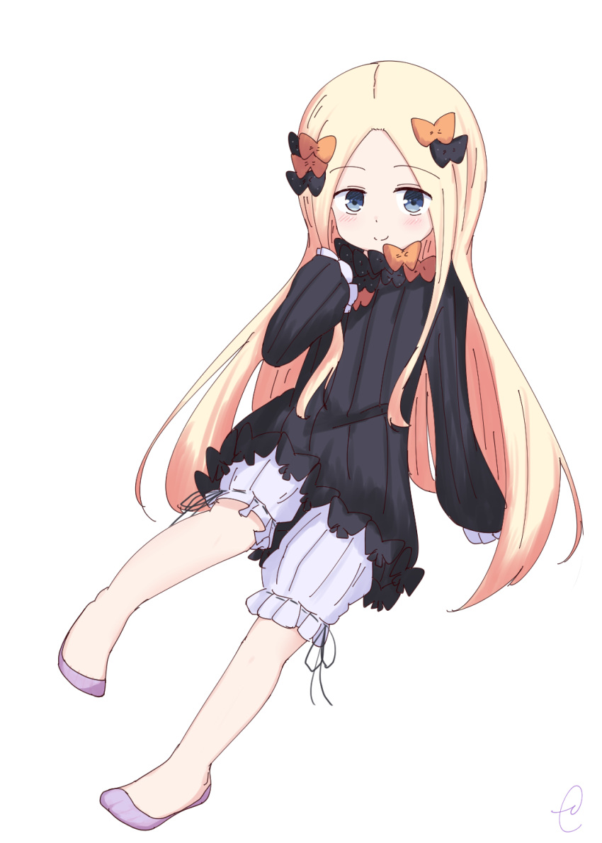 1girl abigail_williams_(fate/grand_order) bangs black_bow black_dress blonde_hair bloomers blue_eyes blush bow bug butterfly closed_mouth commentary_request dress eyebrows_visible_through_hair fate/grand_order fate_(series) hair_bow highres insect kujou_karasuma long_hair long_sleeves looking_at_viewer no_hat no_headwear orange_bow parted_bangs pink_footwear polka_dot polka_dot_bow shoes signature simple_background sitting sleeves_past_fingers sleeves_past_wrists smile solo underwear very_long_hair white_background white_bloomers