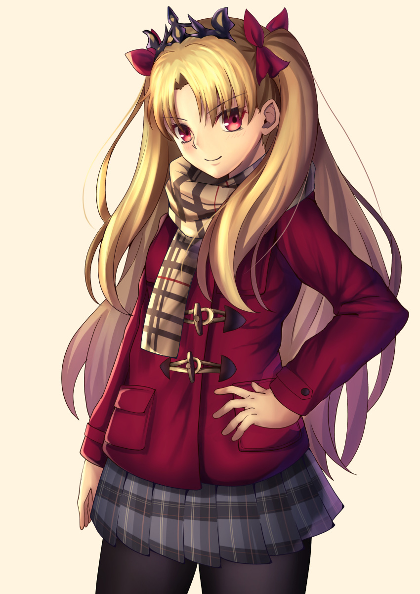 1girl absurdres bangs black_legwear blonde_hair brown_background brown_scarf closed_mouth commentary_request cowboy_shot ereshkigal_(fate/grand_order) eyebrows_visible_through_hair fate/grand_order fate_(series) grey_skirt hair_ribbon hand_on_hip head_tilt highres jacket long_hair long_sleeves mishiro0229 pantyhose parted_bangs plaid plaid_scarf plaid_skirt pleated_skirt red_eyes red_jacket red_ribbon ribbon scarf simple_background skirt smile solo tiara two_side_up very_long_hair