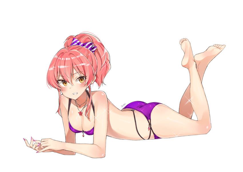 1girl ass bangs bikini blush bow breasts cleavage collarbone eyelashes feet_up goyain grin hair_between_eyes hair_bow highres idolmaster idolmaster_cinderella_girls jewelry jougasaki_mika legs long_hair looking_at_viewer lying medium_breasts necklace on_stomach pink_hair purple_bikini shiny shiny_hair sidelocks simple_background smile solo swimsuit thighs waist white_background yellow_eyes